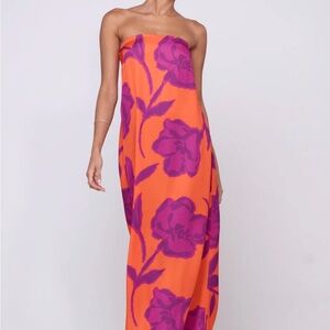 RESA Ophelia Maxi Dress in Mandarin - Orange and Purple Floral Strapless Dress